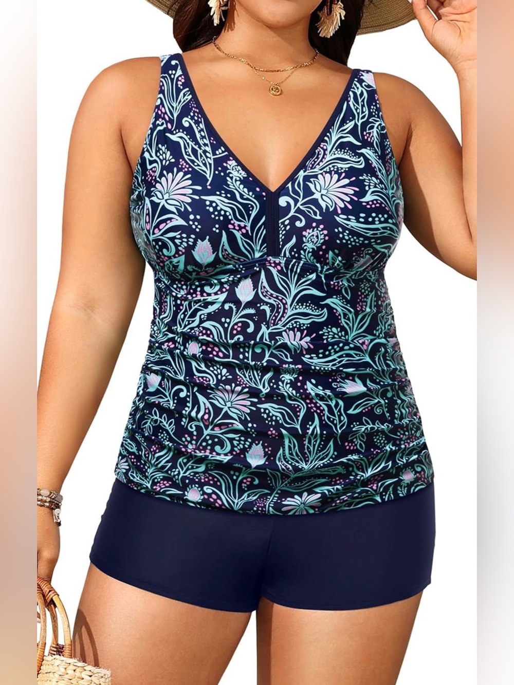 NWT Yonique Plus Size Navy Blue Floral Tankini With Shorts Swimsuit Women’s 18W